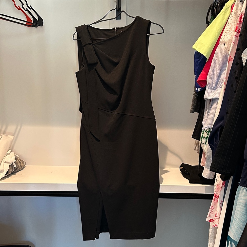 Calvin Klein Black Sleeveless Midi Sheath Dress with Drape